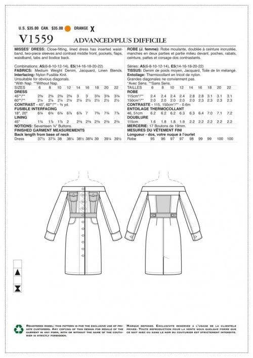 Vogue Sewing Pattern 1559, Dresses for Women, A5 (6-8-10-12-14) - Advanced