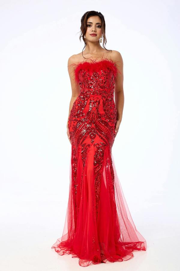 LuvForever Lenora - Red Bandeau Sequin Maxi Dress