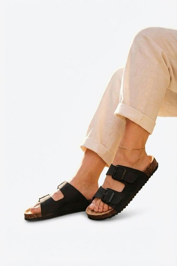 Harper Womens Double Buckle Cork Slide Sandals - BLACK_wb