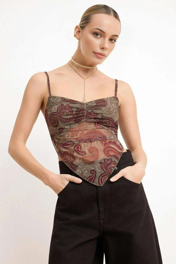 WOVCOR Patterned Strappy Draped Tulle Blouse