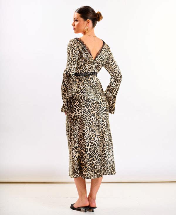 Animal Long Sleeve Lace Midi Dress