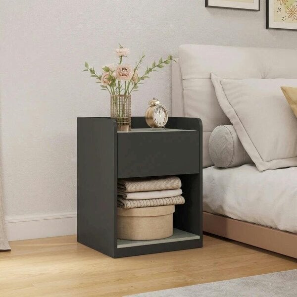 Modern Bedside Table, Slim Nightstand with Drawer, Shelf and Cable Holes, Black and Grey Wood Effect