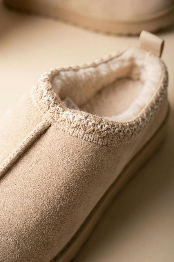 Odette Faux Suede Lined Slipper Mules - Beige