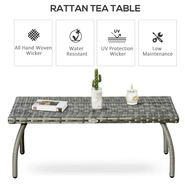 Grey PE wicker rattan garden coffee table with woven top and rounded legs