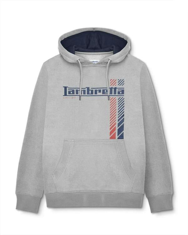 Lambretta Mens Racing Stripe Pull Over Sweatshirt Hooded Hoodie, light grey hoodie with a navy and red racing stripe design and Lambretta logo on the front.