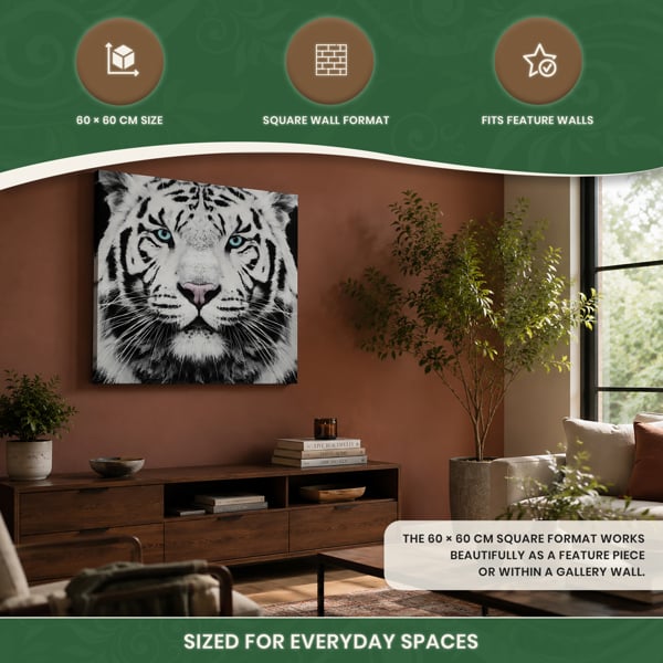 Large Siberian Tiger Canvas Print, Black and White Face Portrait With Coloured Eyes, 60 x 60 cm, Stretched Canvas