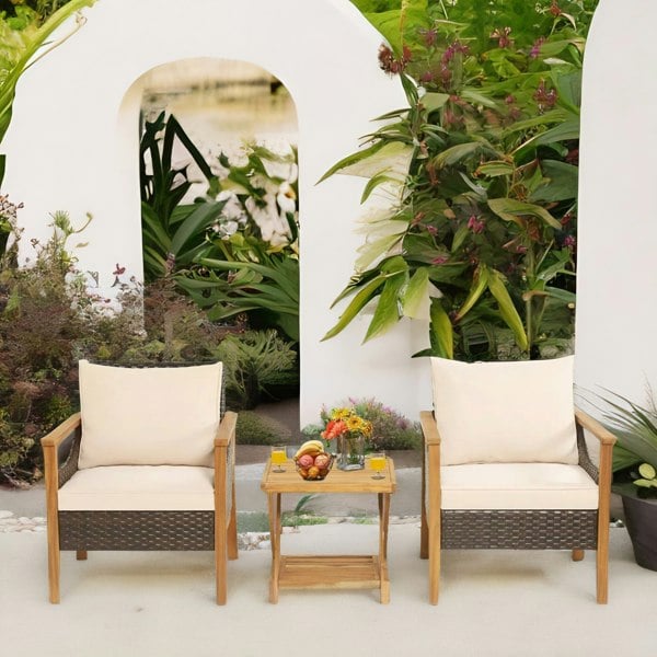 Rafaelo Mobilia Set of 3 Bistro Wooden Table And Wicker Chairs Natural Brown