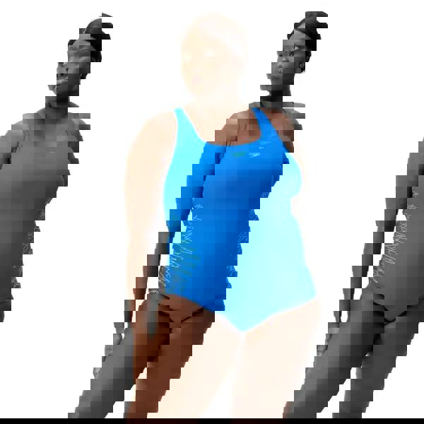 Blue Speedo Placement Medalist plus size swimsuit with white waves