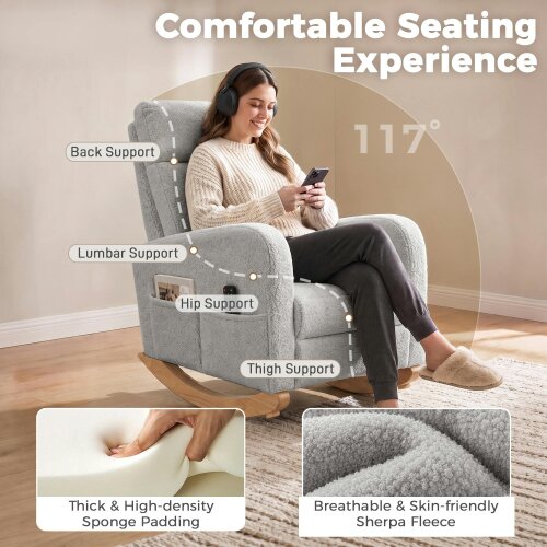 HOMCOM Modern High Back Sherpa Fleece Leisure Rocking Chair, Light Grey