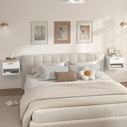 Wyld Haus Ludi Set Of 2 Wooden White Wall Mounted Bedside Tables With Fluted Drawer And Shelf