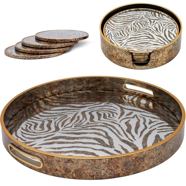 Maison des Cadeaux Round Zebra Print Tray and Drink Coasters Set
