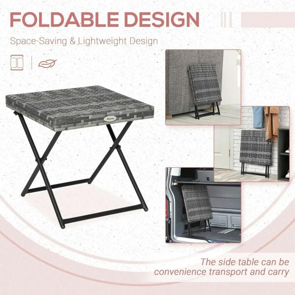 Grey woven square folding side table with black steel frame, compact design