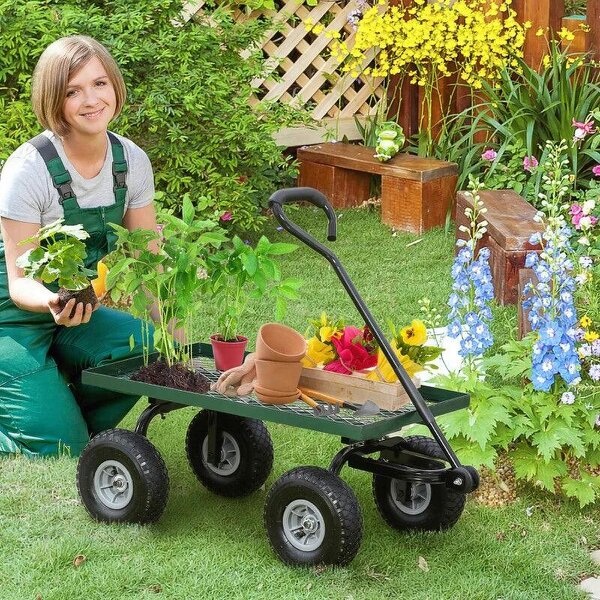 Bobobiy Garden Trolley Cart, Heavy Duty Garden Cart with Metal Frame, 10" Pneumatic Wheels, Rotating Handle, 150kg Capacity, for Garden, Farm, Green - Green