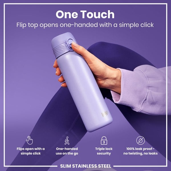 ION8 Leak Proof Slim Water Bottle, Stainless Steel, Light Purple, 600ml (20oz)