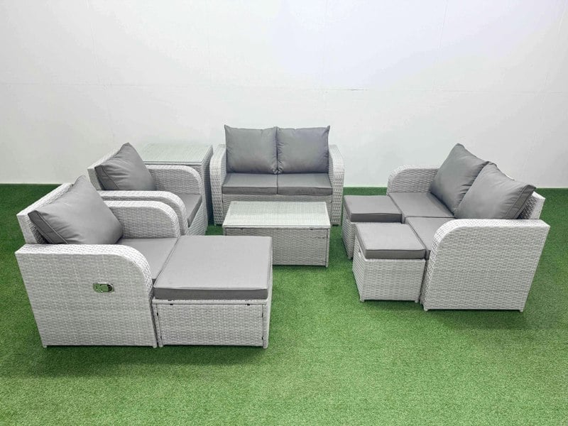 Fimous 9 Seater Outdoor Reclining Chair Love Sofa Set Rattan Garden Furniture Set with Rectangular Coffee Table 3 Stools Side Table Light Grey
