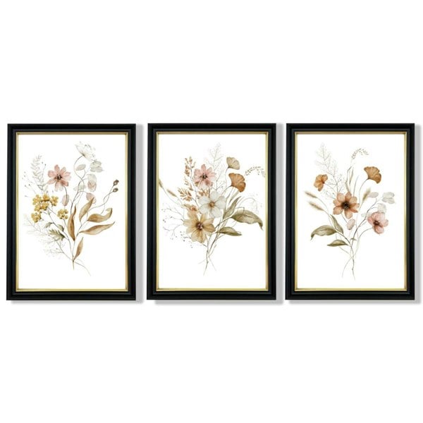 Autumn Wild Flower Bouquets Set of 3 Framed Art Prints with Vermeer Black and Gold Frames