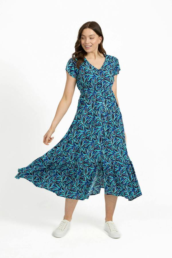 Mudflower Leaf Print Flared Button-Up Midi Dress
