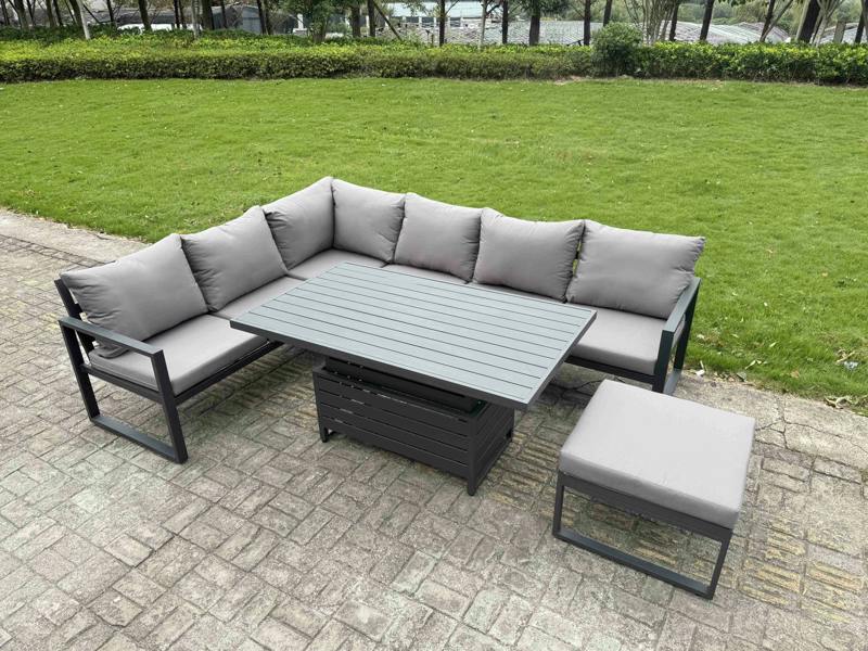 Fimous Aluminium Garden Furniture Sets,7 Seater Outdoor Conversational Dining Set with Adjustable Rising Lifting Dining Table Cushions