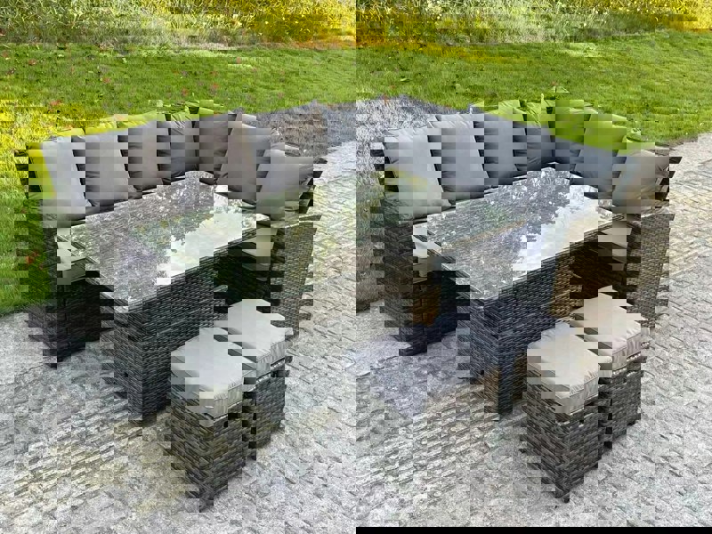 Fimous High Back Rattan Garden Furniture Corner Sofa Sets Adjustable Rising Table Dark Mixed Grey 8 seater right corner