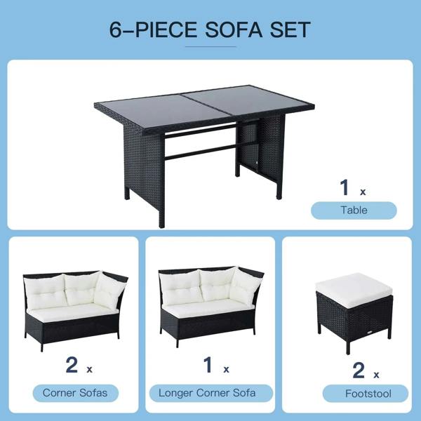 6-piece black rattan sofa set with white cushions: corner sofas, table, and footstools
