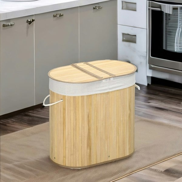 BMBO Wooden Double Laundry Basket With Lid & Removable Lining