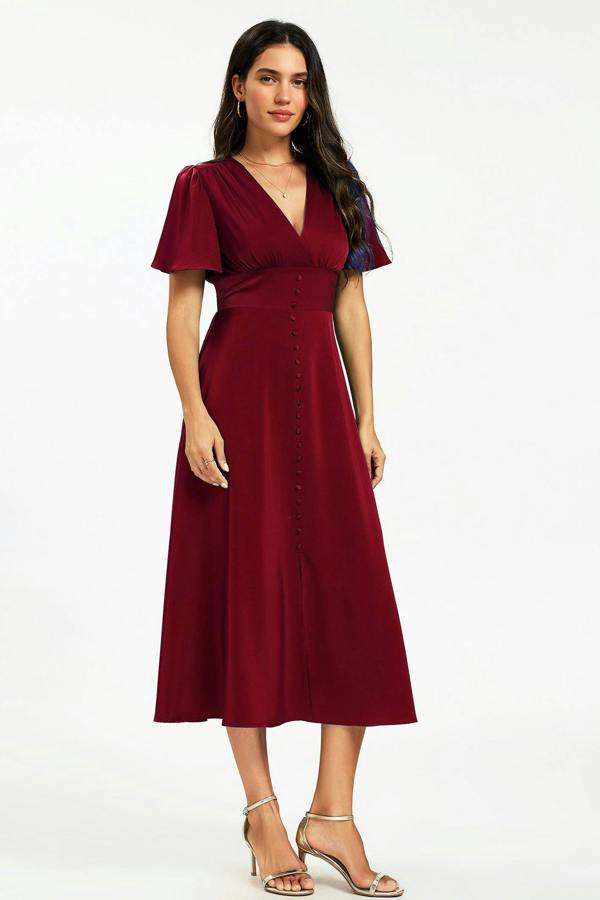 FS Collection Satin V neckline Button Detail Dress In Wine