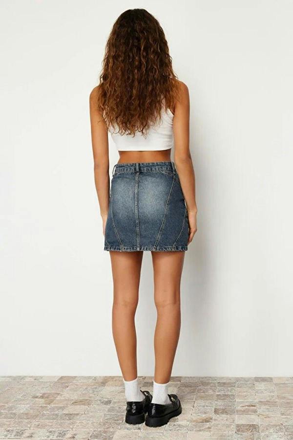 WOVCOR Faded Effect Vintage High Waist Mini Denim Skirt