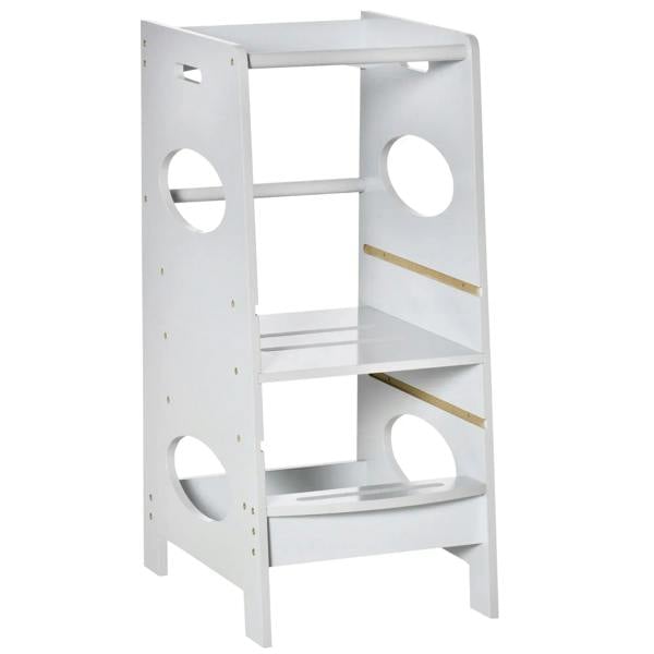 Kids step stool tower with two open shelves and circular side cutouts, white frame