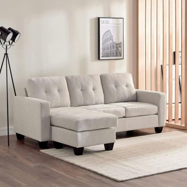 Luna Linen Fabric 3 Seater Convertible Sectional Sofa in Beige