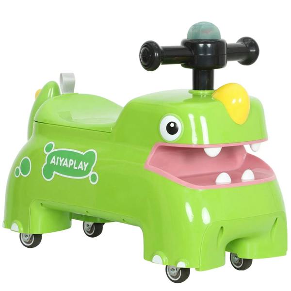 Green dinosaur ride-on car with open front storage tray and four wheels, AYAPLAY logo