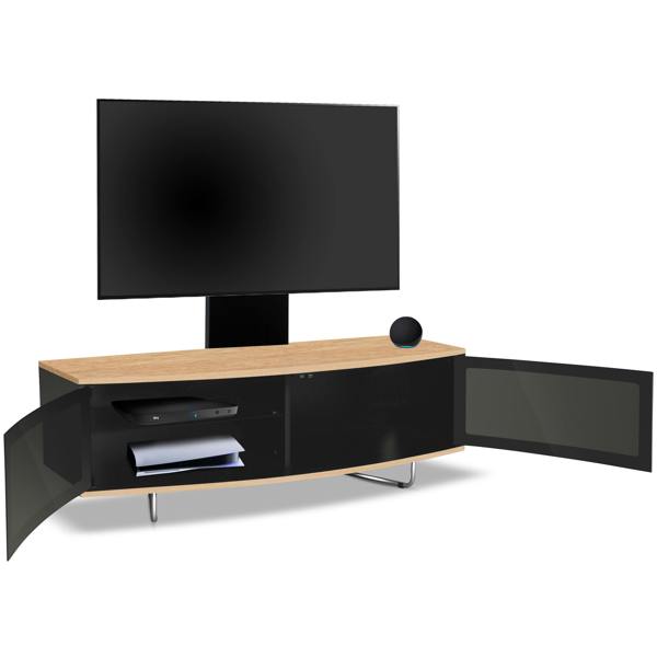 Homeology Caru Black Oak Beam-Thru Remote Friendly Super-Contemporary D Shape Design 32"-65" LED/OLED/LCD TV Cabinet with Mounting Arm