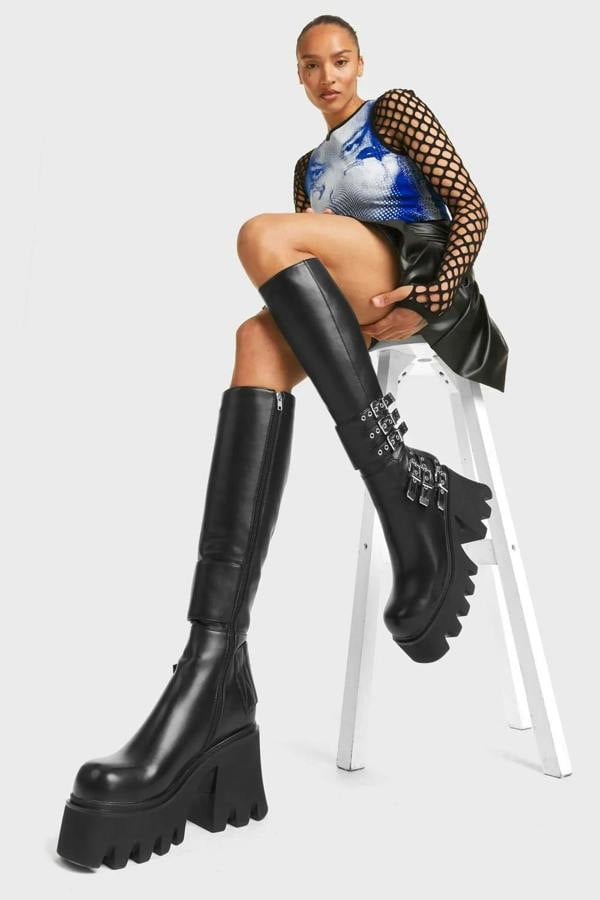 Lamoda My Prince Women’s Knee High Black PU Boots with Skull Accent Design
