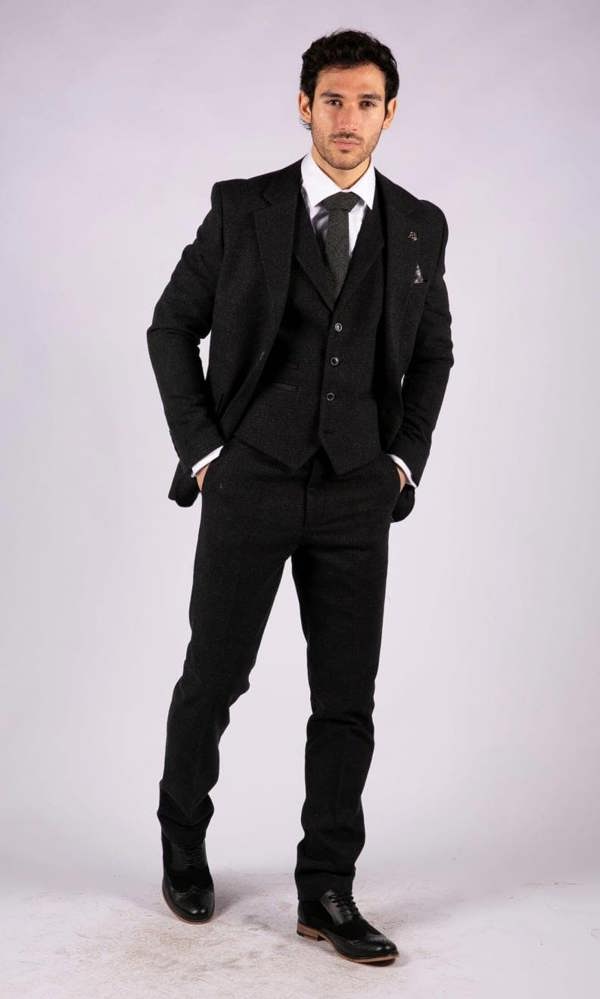 TruClothing Mens Black 3 Piece Tweed Suit Peaky Blinders 1920s Gatsby Classic Tailored Fit