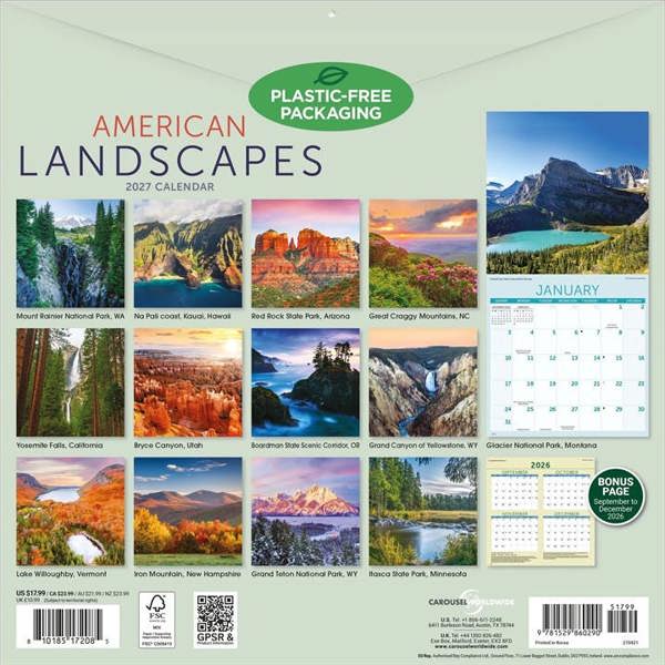 American Landscapes Calendar 2027, Wall Calendars, Month To View, Travel, Gift