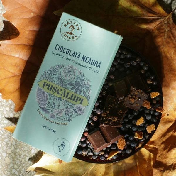 Razvan Idicel Artisanal Dark Chocolate with oranges and gin infused juniper 70% cocoa 80g