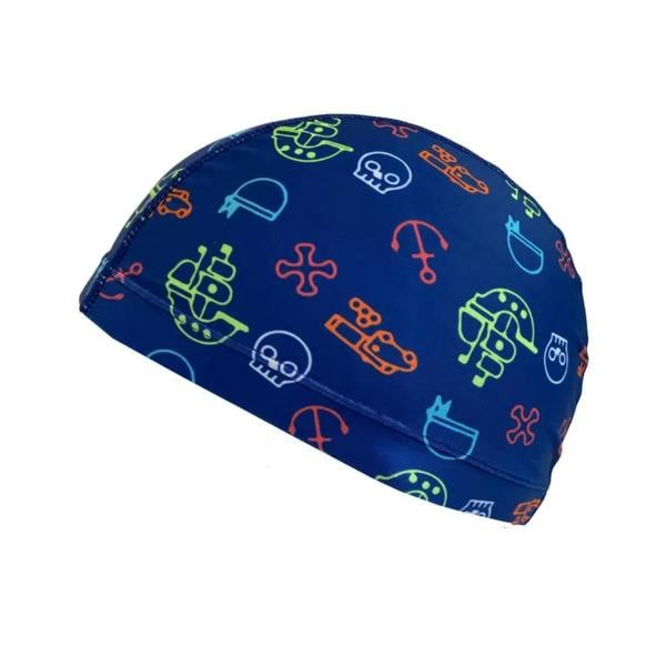 Blue Simply Swim junior fun patterns lycra swim cap with colorful skull design