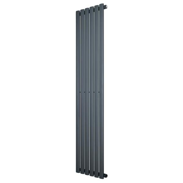 Oval single column radiator in anthracite grey, 1600 x 360mm, featuring a sleek, modern design with smooth, vertical lines and a matte finish