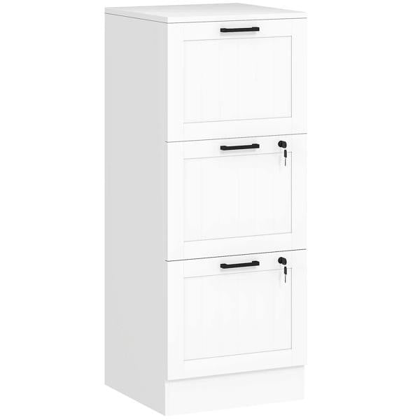 White 3-drawer filing cabinet with lock and handles, office storage cabinet with door fronts