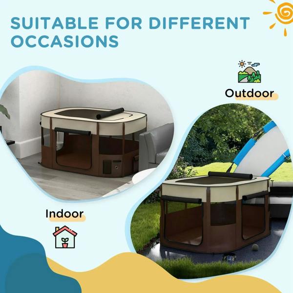 Brown foldable dog playpen with covered top and front mesh door
