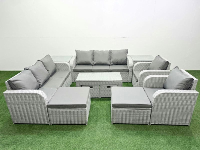 Fimous PE Wicker Rattan Furniture Sofa Sets with Oblong Coffee Table 3 Seater Sofa 4 Stools 2 Side Tables Light Grey