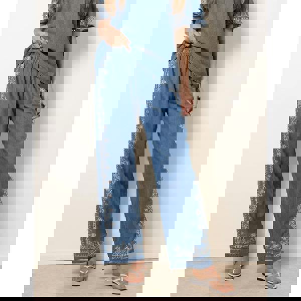 Blue Vanilla Floral Embroidery Wide-Leg Trousers