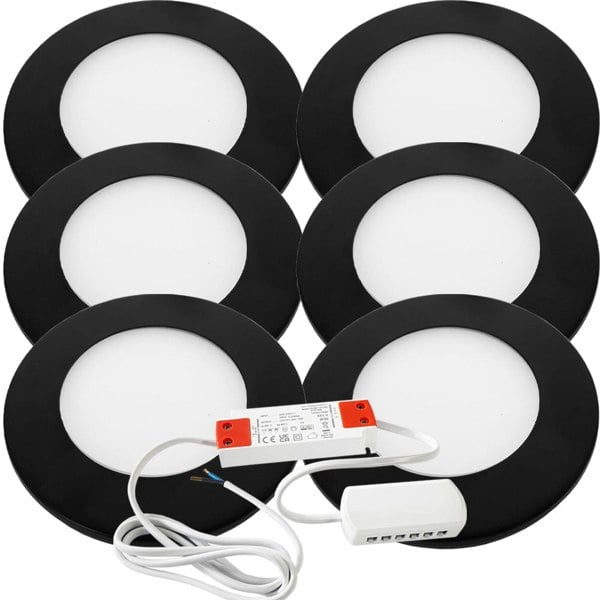 6x MATT BLACK Ultra-Slim Round Under Cabinet Kitchen Light & Driver Kit - Warm White Diffused LED - LoopsDirect