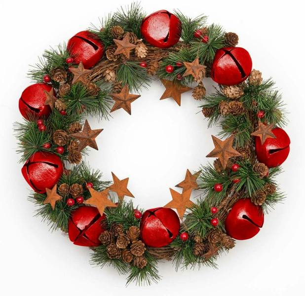 40cm Green Christmas Wreath with Bells and Stars, PVC Decorative Seasonal Display image 2