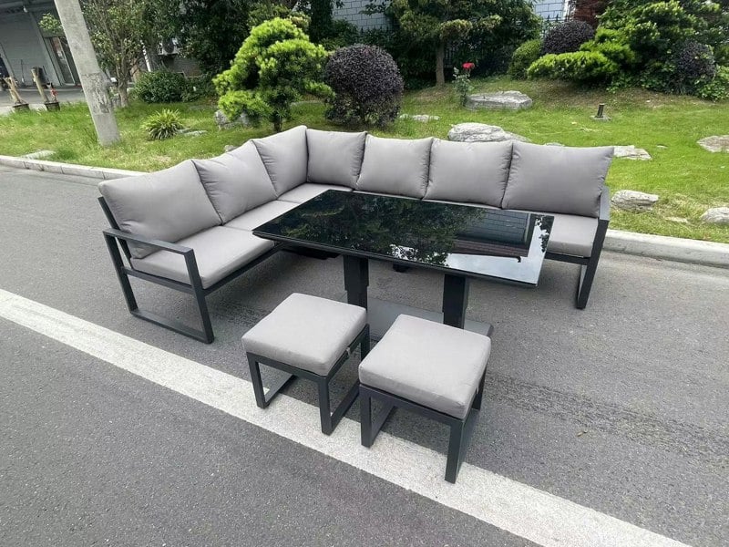 Fimous Aluminum Outdoor Garden Furniture Corner Sofa Adjustable Rising Lifting Table Sets Dark Grey Black Tempered Glass 8 Seater