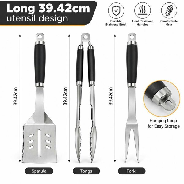 Dyzi 3 Piece Stainless Steel BBQ Tool Set 39.42cm Grilling Utensils