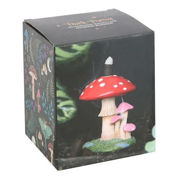 Mushroom backflow incense burner in retail gift box with red polka-dot mushroom design