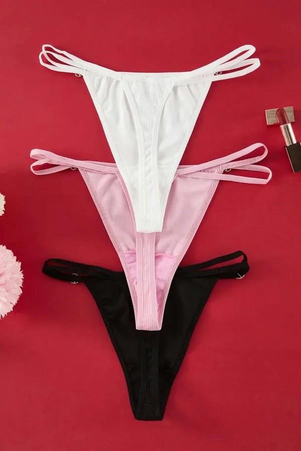 WOVCOR 3-Pack Heart-Shaped Accessory Detail Ribbed Thong Knitted Panties