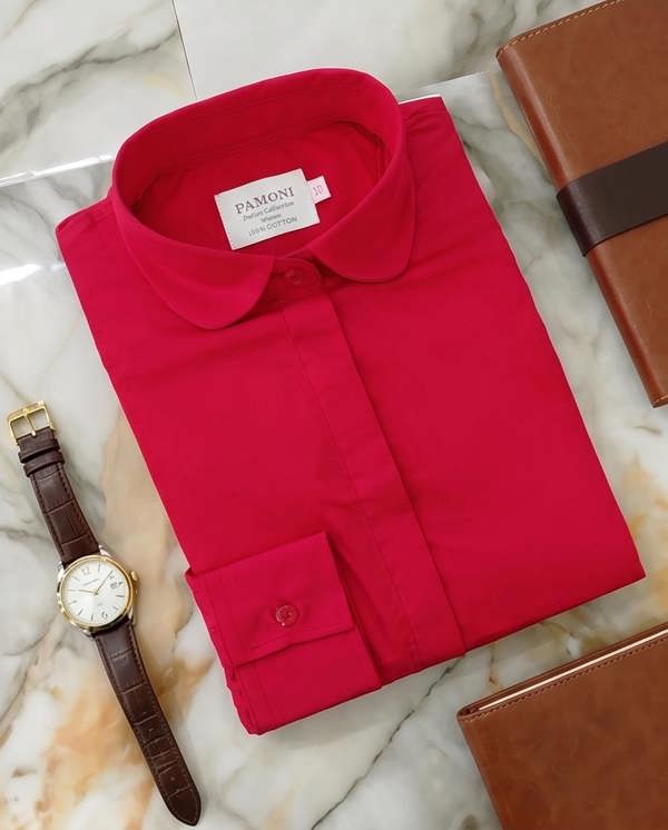 Pamoni Red Fitted Cotton Shirt with Peter Pan Collar