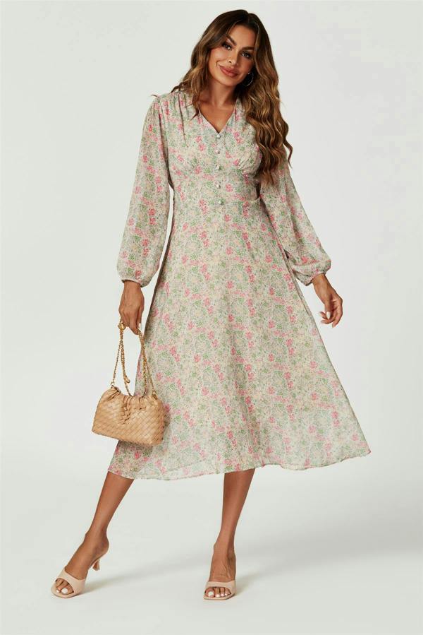 FS Collection Floral Print Long Sleeve Maxi Dress In Multi