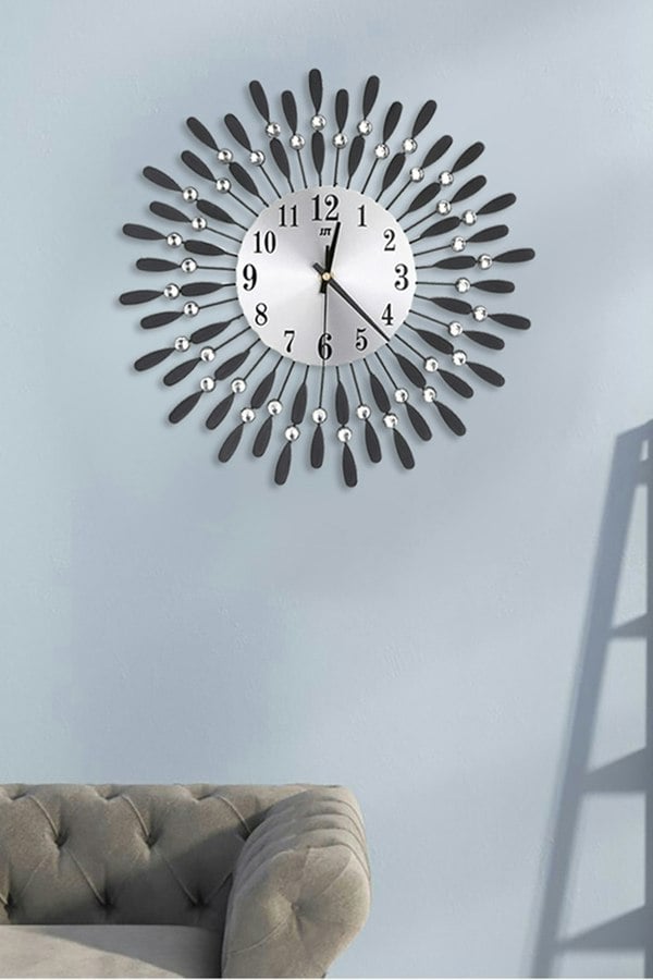 Living and Home 37.5cm Dia Drop-Shape Arabic Numeral Metal Silent Wall Clock with Crystal, Black